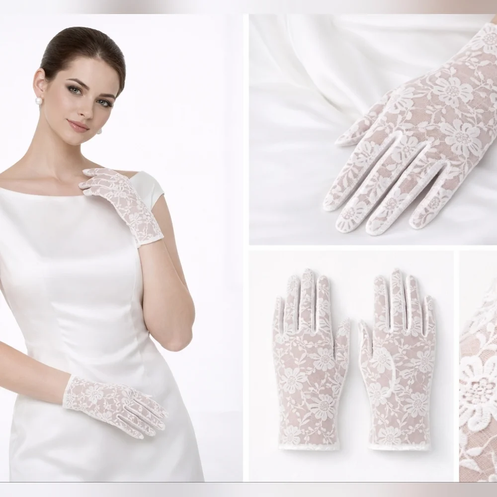 New Sheer Floral Bridal Gloves White Tulle Mesh Ruffle Cosplay Dress Up Stretch